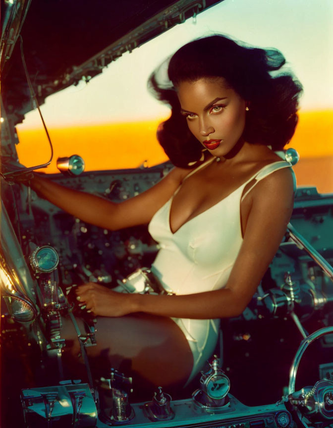 Woman in white outfit posing in aircraft cockpit at sunset.