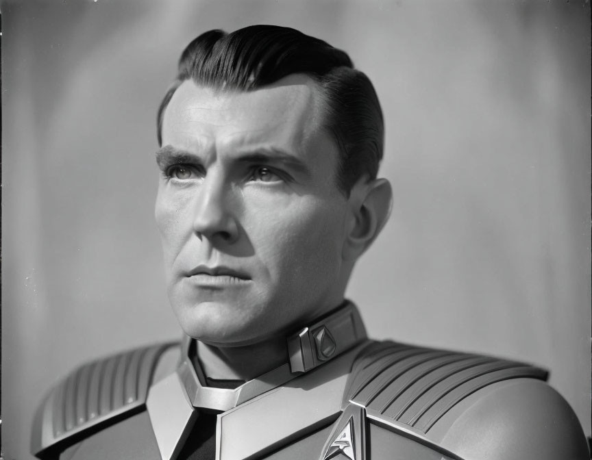 Monochrome image of man in futuristic military uniform