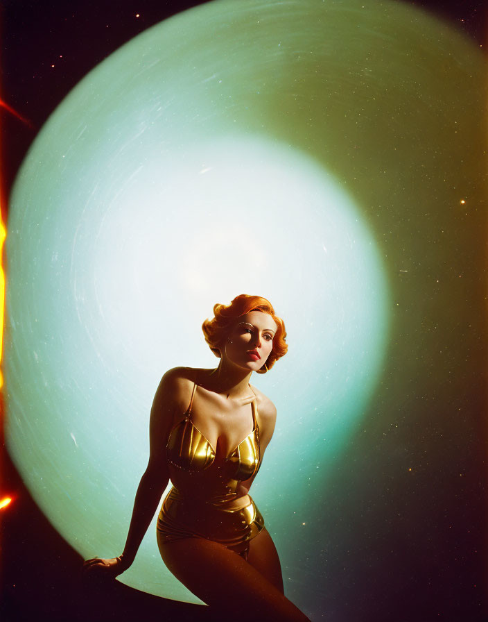 Vintage-style photo of woman in golden outfit with glowing halo