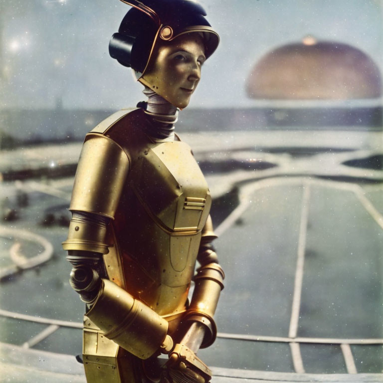 Vintage humanoid robot gazes at futuristic cityscape with dome structure