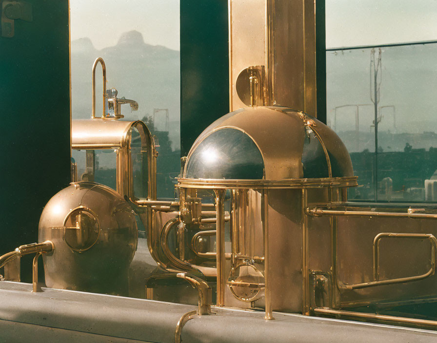 Spherical and cylindrical copper brewing equipment by mountain-view window