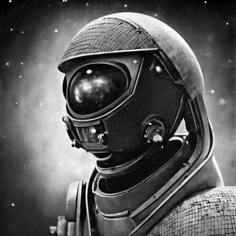 Vintage-style Astronaut Helmet with Reflective Visor on Starry Space Background