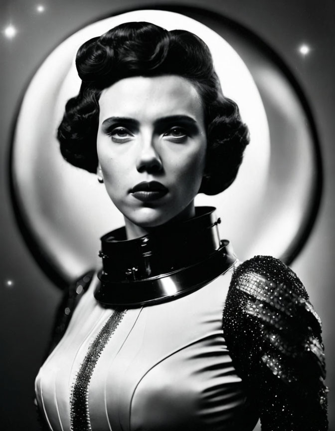 Vintage-inspired monochrome portrait of woman in futuristic sequined costume against halo background