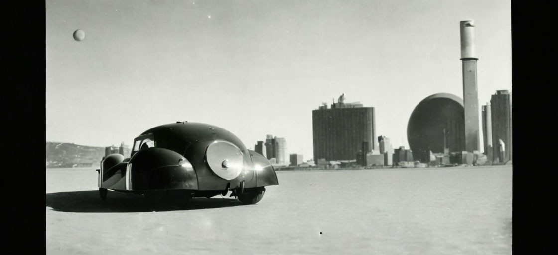 Futuristic vintage car with circular doors on snowy ground near industrial buildings