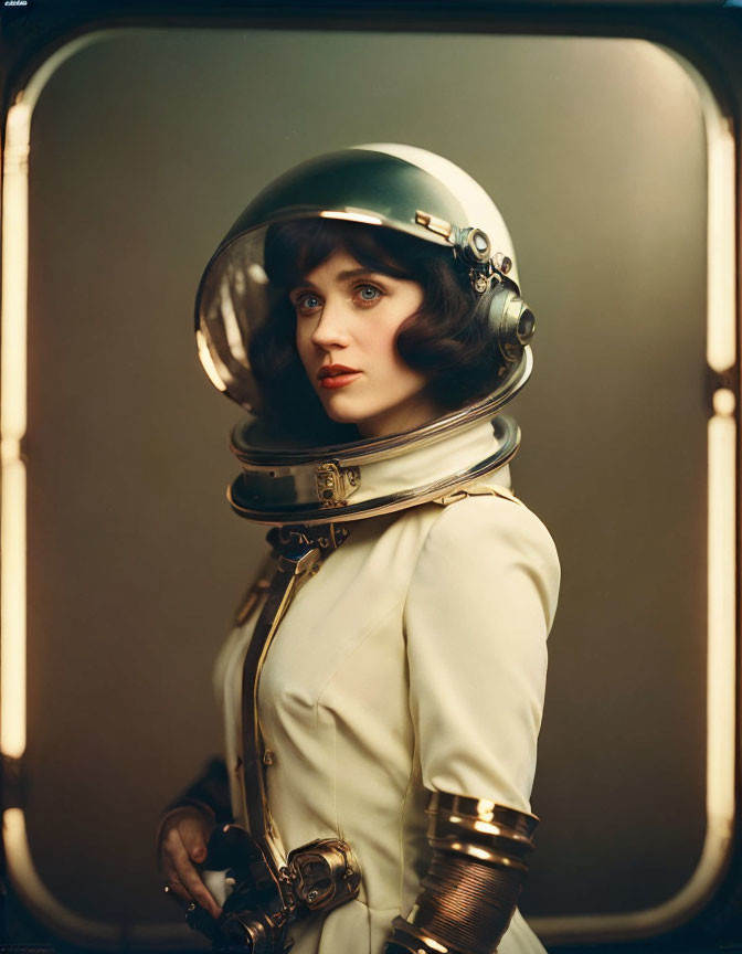 Vintage astronaut helmet woman in sepia-toned backdrop