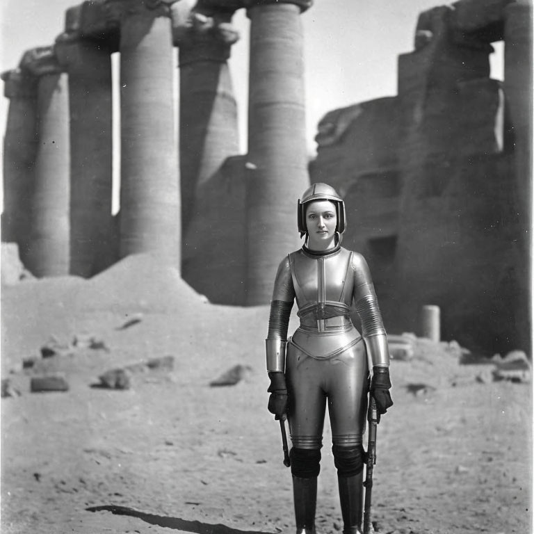 Futuristic space suit person among ancient towering columns in ruins