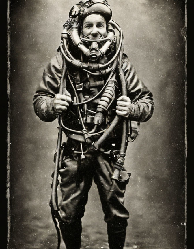 Vintage Diving Suit with Helmet and Air Hoses on Plain Background