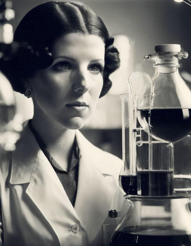 Vintage Black and White Photo of Woman in Lab Coat Examining Flask with Dark Liquid