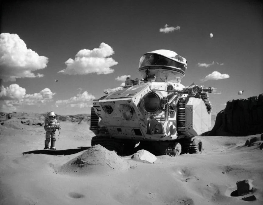 Astronaut on barren landscape with exploration rover and rocky terrain