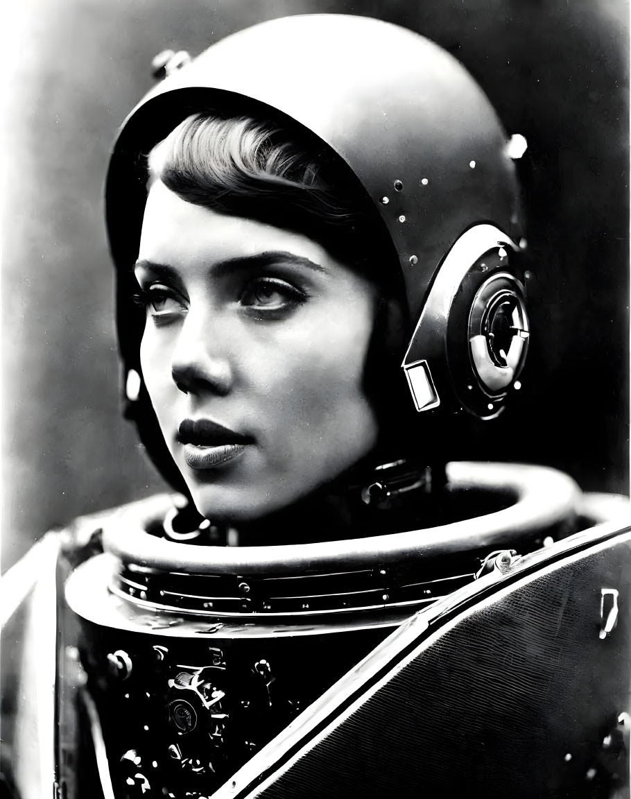 Vintage astronaut helmet and suit worn by pensive woman with water beads