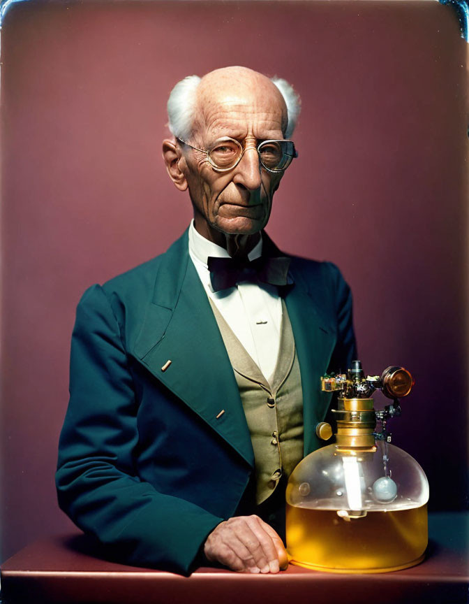 Elderly Man in Green Suit with Glasses and Bow Tie Beside Antique Brass Apparatus