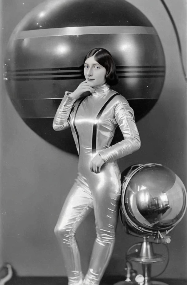 Vintage metallic spacesuit worn by woman in front of spherical backdrop