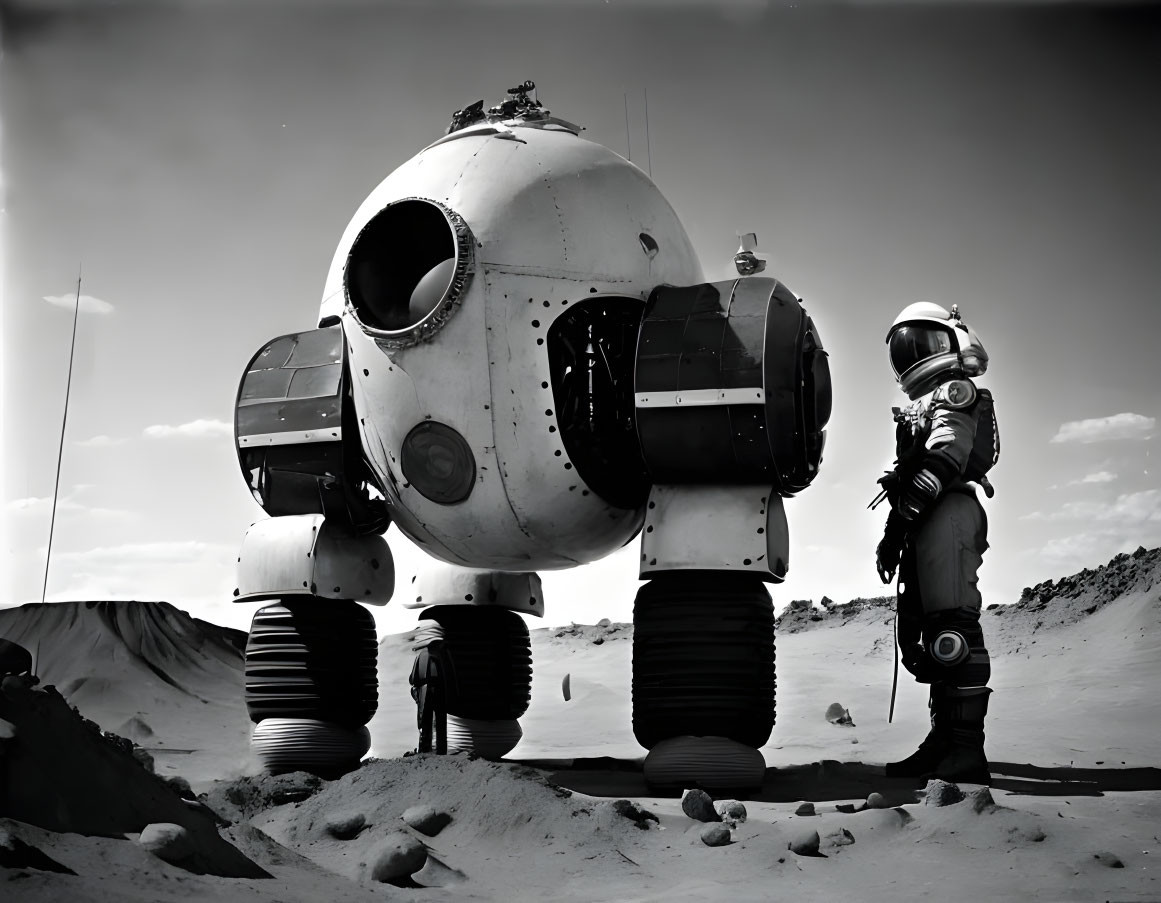 Astronaut beside spherical exploration vehicle on rocky landscape