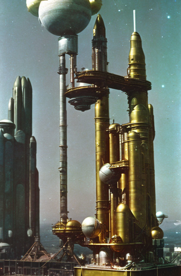 Golden Futuristic Cityscape with Spires and Spherical Structures