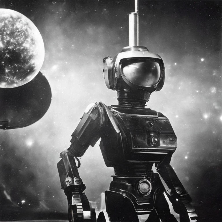 Vintage Robot with Helmet Head and Torso Mechanics Against Starry Backdrop