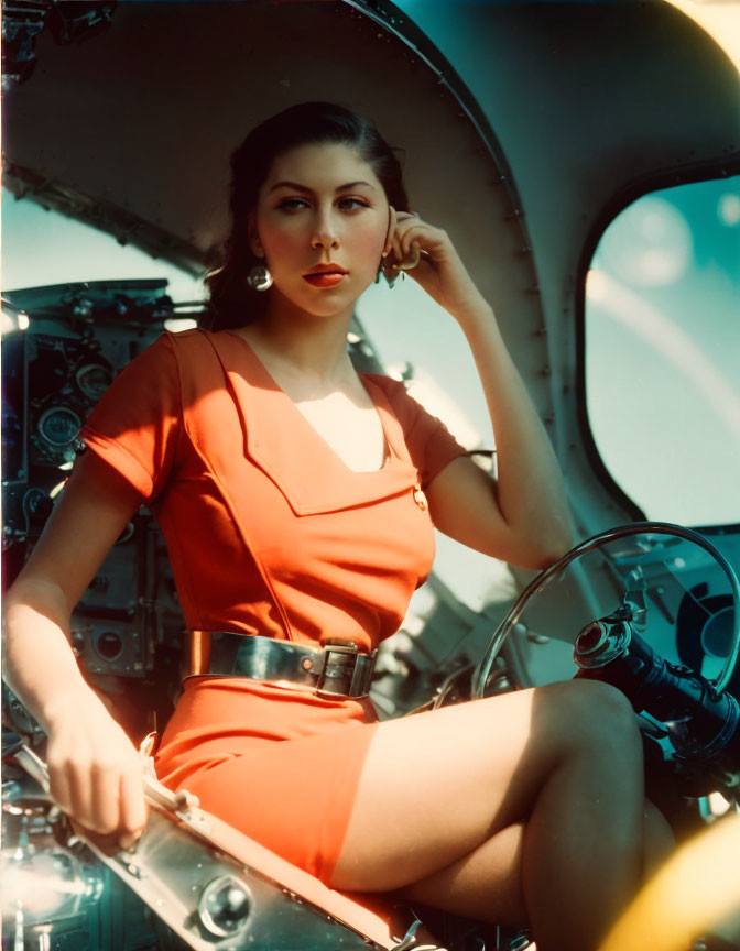 Vintage red dress woman in aircraft cockpit pondering.