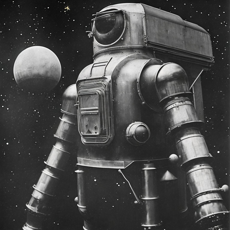 Vintage-Style Robot Against Starry Background with Celestial Body