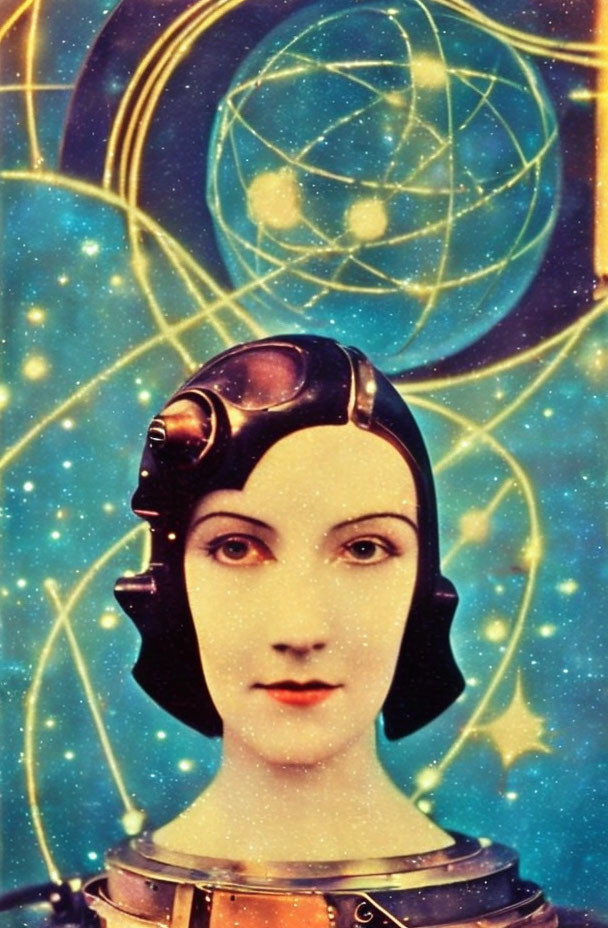 Vintage-Style Woman Illustration with Retro Space Helmet and Cosmic Background