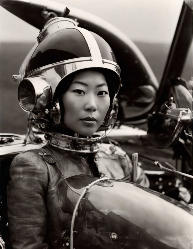 Confident woman in pilot helmet and flight suit with aircraft canopy in background