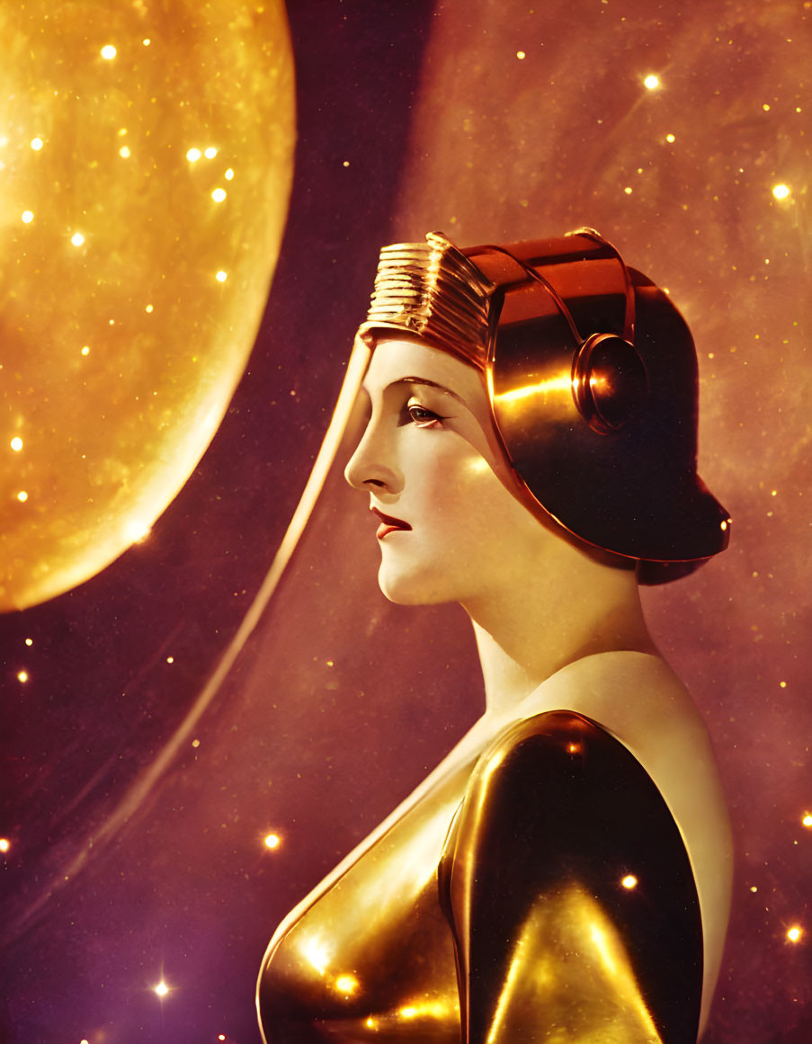 Golden-skinned woman with futuristic headgear in cosmic setting