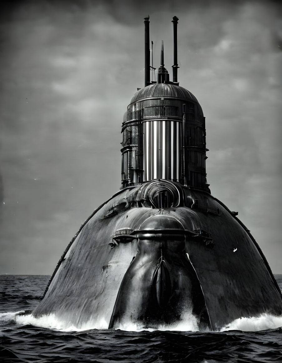 Monochrome image of submarine conning tower and periscopes above water