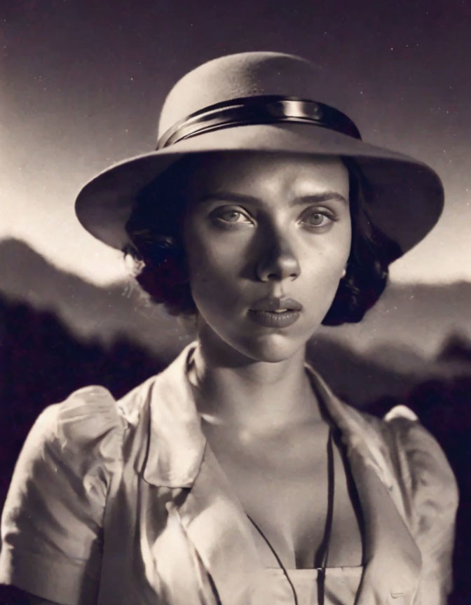 Vintage Black and White Portrait of Woman with Hat and Mountain Backdrop