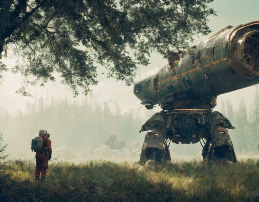 Astronaut in forest clearing with large worn mech suit under sunlit canopy