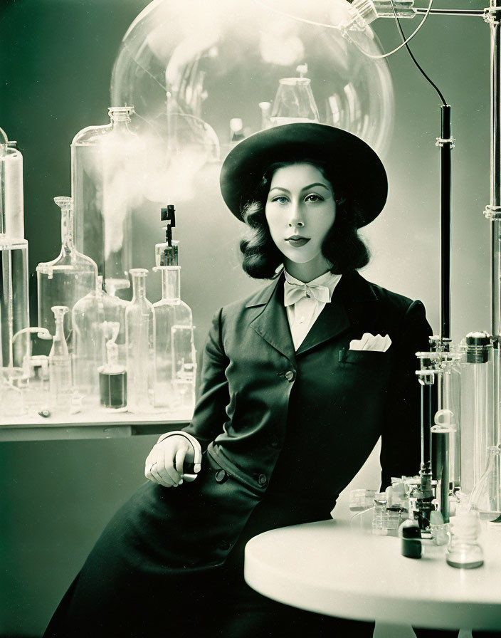 Vintage Attired Woman with Hat Surrounded by Scientific Glassware