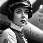 Monochrome portrait of woman in vintage aviation attire