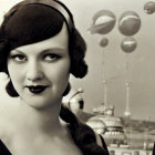 Classic Black and White Portrait of Woman with Headband and Bold Lipstick