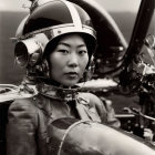 Confident woman in pilot helmet and flight suit with aircraft canopy in background