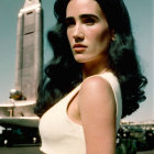 Dark-haired woman with vintage rocket under clear sky