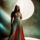 Woman in white dress with red cape on crescent moon in starry sky.