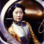 Gold Space Suit Woman in Circular Hatch with High Collar Helmet