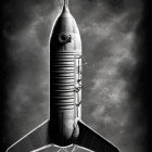 Vintage rocket with large fins and rounded nose cone in black-and-white photo