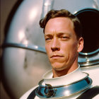 Man in white space suit with helmet, looking sideways under natural light