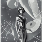 Futuristic black and white image of a woman in space suit with celestial bodies.