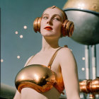 Futuristic woman in gold attire with spherical structures under starry sky