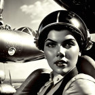 Vintage Portrait of Woman in Pilot's Gear with Aircraft Background