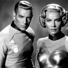 Futuristic individuals in metallic attire against a gray backdrop