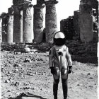 Vintage black and white photo of classic astronaut suit on rocky surface