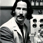 Monochrome photo: man with mustache, long hair, light jacket, in vintage room with equipment