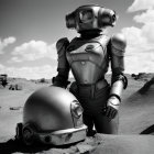 Monochrome image of humanoid robot in desert with detached head