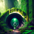 Astronaut in lush forest with old tunnel and sunlight