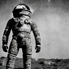 Astronaut in bulky spacesuit on rocky terrain with stars and planet in background