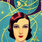 Vintage-Style Woman Illustration with Retro Space Helmet and Cosmic Background