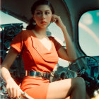 Vintage red dress woman in aircraft cockpit pondering.