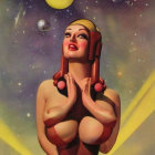 Retro-futuristic portrait of a woman in gold spacesuit with stylized planets and clouds