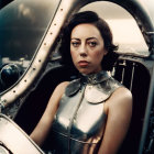 Futuristic woman in metallic outfit inside cockpit with sophisticated equipment