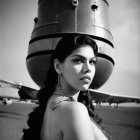 Woman with wavy hair and earrings near missile and aircraft.